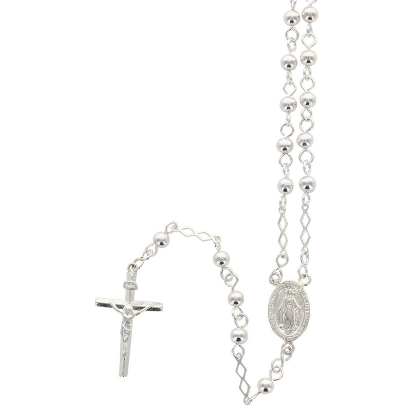 Chapelet en argent 925 °/°° (14,10 g) longueur jusqu'au cœur 31 cm grains ronds Ø 3 mm croix avec Christ. Livré en boite.